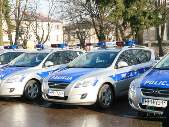 Kilka samochodów policyjnych stojących obok siebie w rzędzie.