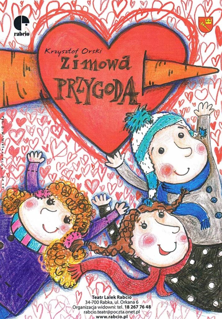 Rysunek trójki dzieci w ubraniach ozdobionych sercami, wyrażających radość i przyjaźń. 
