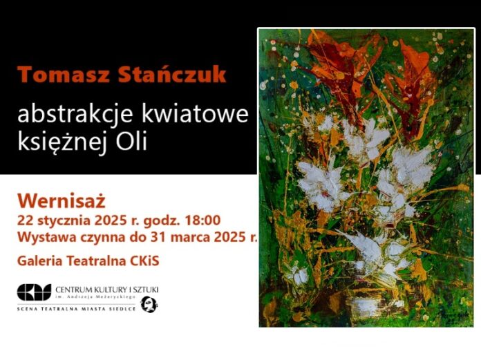 Abstrakcyjny obraz Tomasza Stańczuka, namalowany olejem na płótnie, przedstawiający dynamiczne kształty i intensywne kolory.