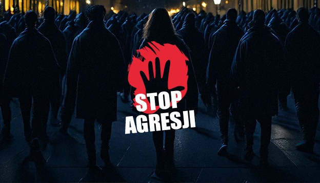 Grafika z białym napisem "stop agresji" na tle czerwonej plamy z ręką i grupy osób idących nocą w jednym kierunku
