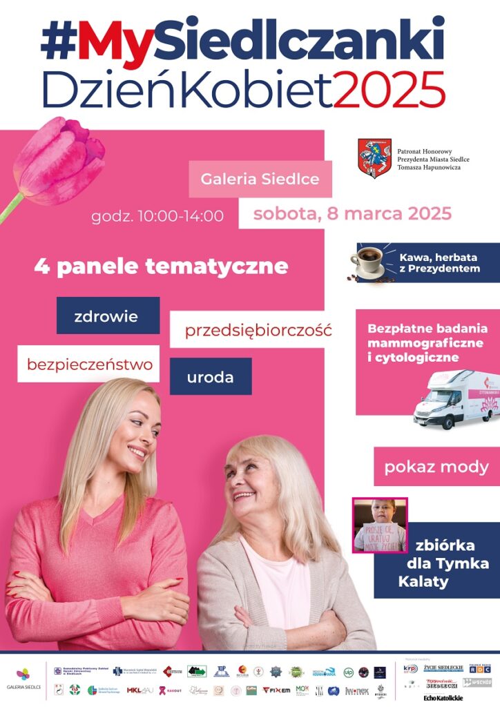 Plakat promujący wydarzenie "My siedlczanki Dzień Kobiet 2025", z kolorowymi grafikami i informacjami o wydarzeniu.
