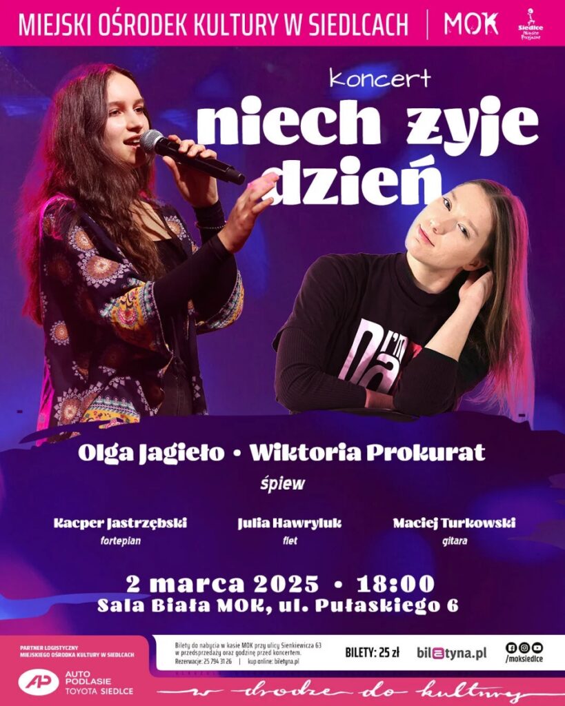 Dwie kobiety śpiewają do mikrofonów, a w tle widnieje napis "Niech żyje dzień".