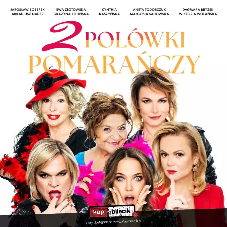 Plakat filmu "2 połówki pomarańczy" przedstawiający głównych bohaterów w kolorowej, dynamicznej kompozycji.