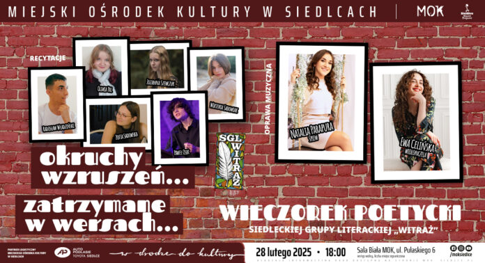 Plakat przedstawiający program wieczorku poetyckiego, przedstawiający zdjęcia zawieszone na ścianie,