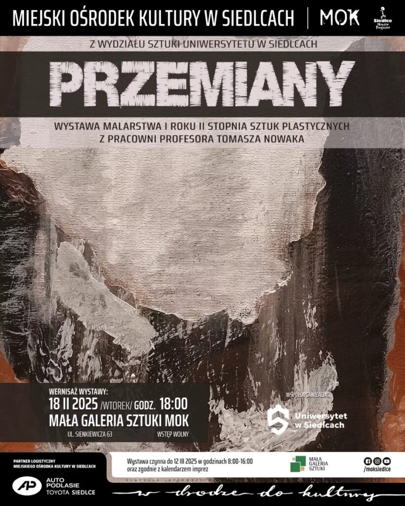 Plakat wystawy malarstwa, ukazujące ciemne kolory i unikalne formy w nowoczesnym stylu artystycznym.