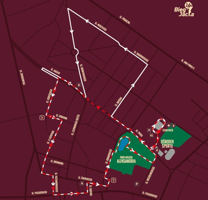 Mapa w kolorze bordowym z zaznaczonymi trasami