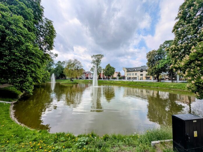 Park miejski ze stawem pośrodku i otoczony chodnikami.