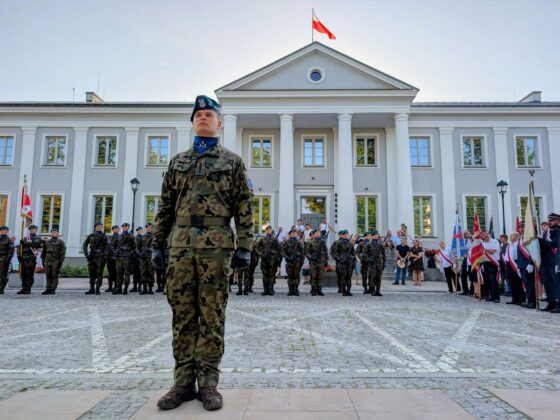 Żołnierz stoi wyprostowany na tle jednego budynku z kolumnami, w tle grupa żołnierzy.