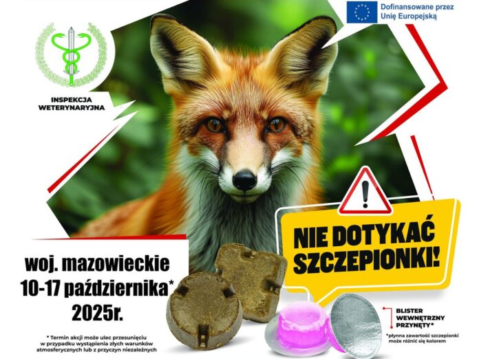 Plakat informujący o akcji szczepienia lisów przeciwko wściekliźnie.