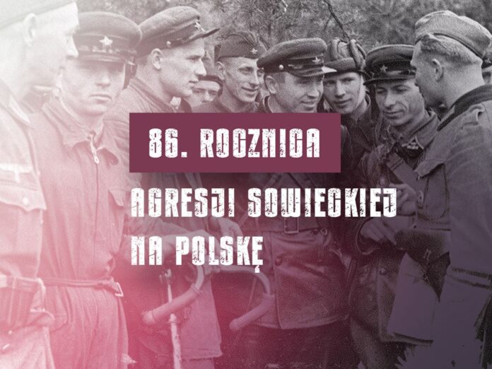 Plakat w kolorach szarym i bordowym z napisem 86. rocznica agresji sowieckiej na Polskę.