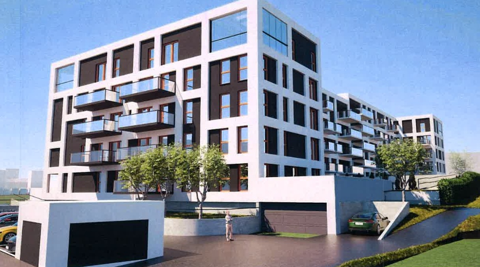 Artystyczna wizja nowego budynku mieszkalnego, ukazująca nowoczesną architekturę i otoczenie.