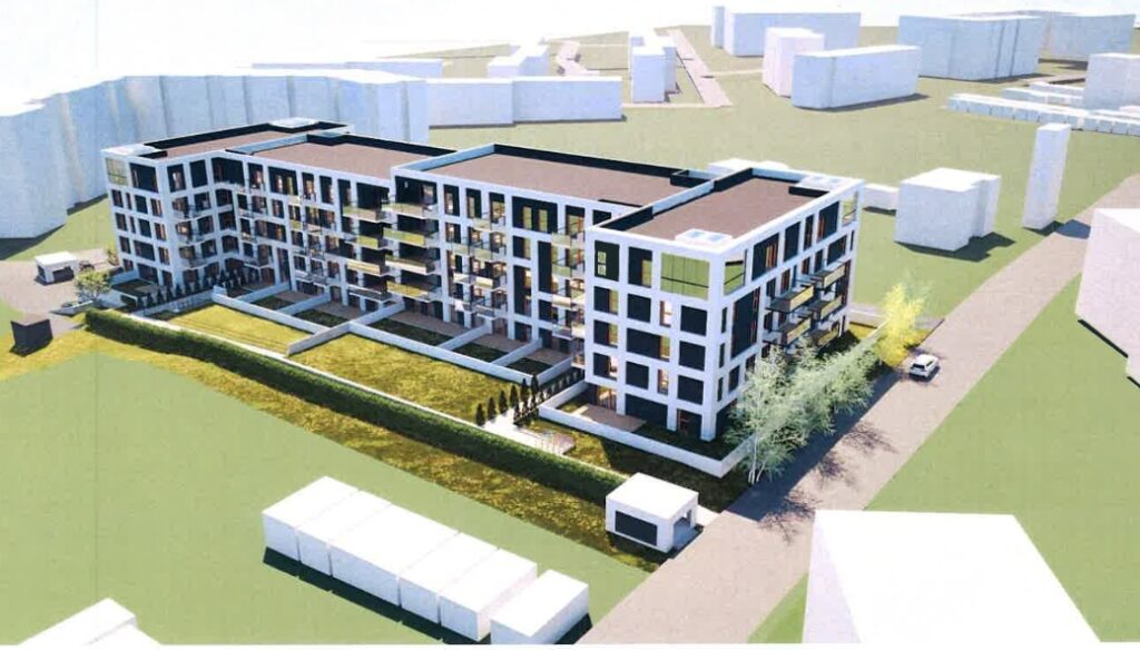 Artystyczna wizja nowego budynku mieszkalnego, ukazująca nowoczesną architekturę i otoczenie.