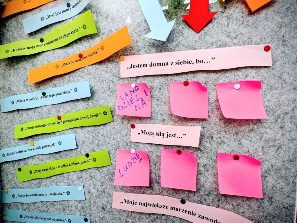 Tablica ogłoszeń z wieloma karteczkami samoprzylepnymi w różnych kolorach, uporządkowanymi w rzędy.