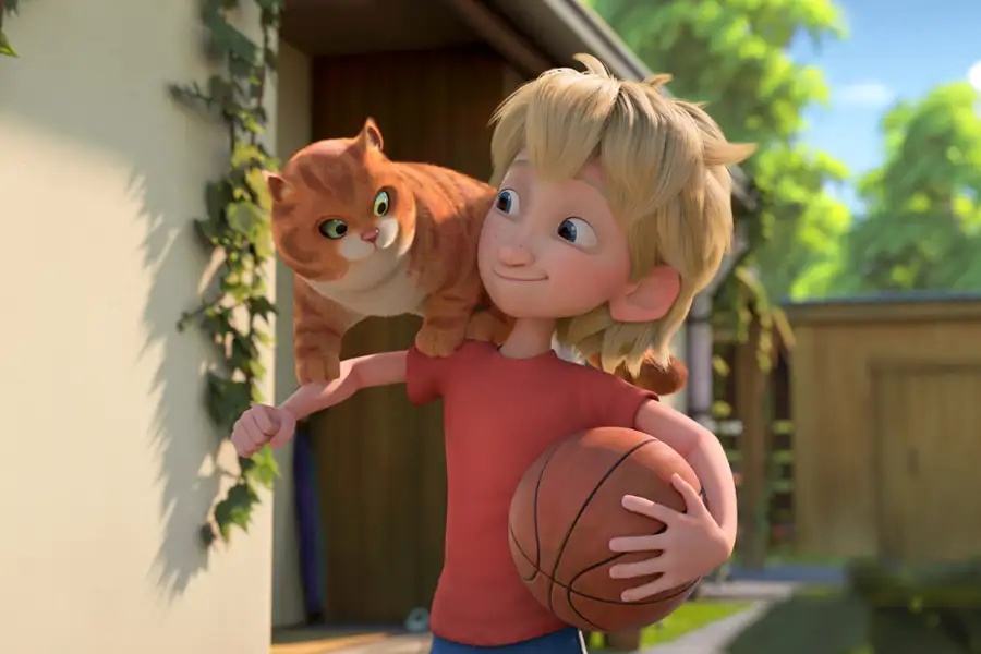 Chłopiec w kreskówkowym stylu trzyma koszykówkę i kota, uśmiechając się radośnie.