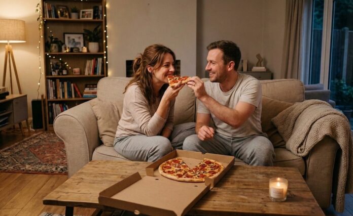 Mężczyzna i kobieta jedzą pizzę na kanapie, ciesząc się wspólnym posiłkiem w przytulnym otoczeniu.