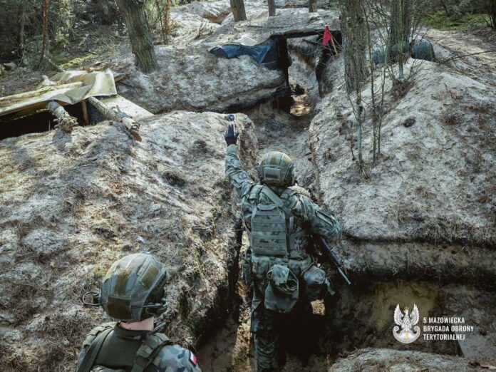 Żołnierz idzie przez tunel w lesie, otoczony drzewami i cieniem.