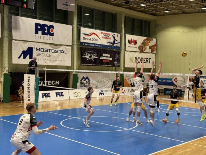 Zawodnicy siatkówki w akcji na boisku w hali sportowej.