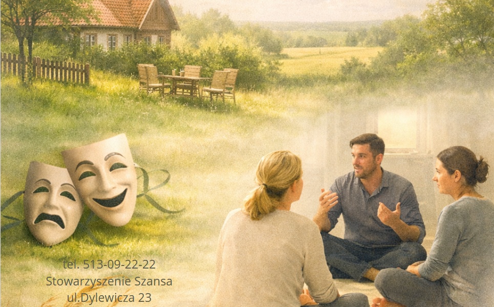 Stowarzyszenie Szansa, ul. Dylewicza 23, tel. 513-09-22-22. Grupa osób rozmawiająca w kręgu oraz maski teatralne
