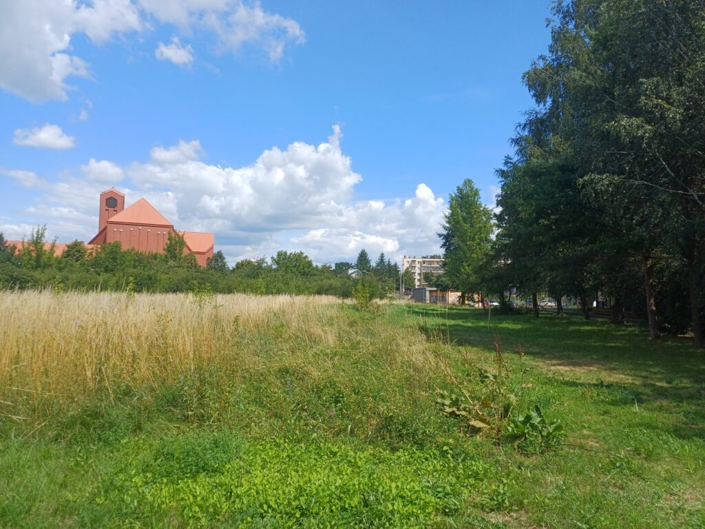 Puste pole z wydeptaną ścieżką, w tle nowoczesny kościół z czerwonej cegły i bloki mieszkalne