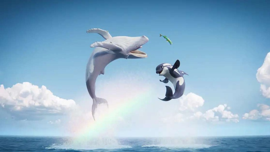 Animowany wieloryb i orka wyskakujący z oceanu w stronę małej kolorowej rybki na tle błękitnego nieba i tęczy